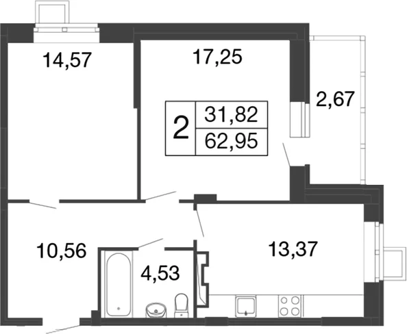 Планировка: 2-комнатная квартира 60,3 м² в ЖК «Времена года»