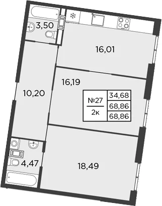Планировка: 2-комнатная квартира 68,9 м² в ЖК «Бакунина, 33»