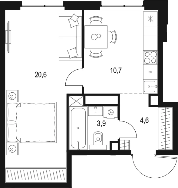 Планировка: 1-комнатная квартира 39,8 м² в ЖК «Левел Мичуринский»
