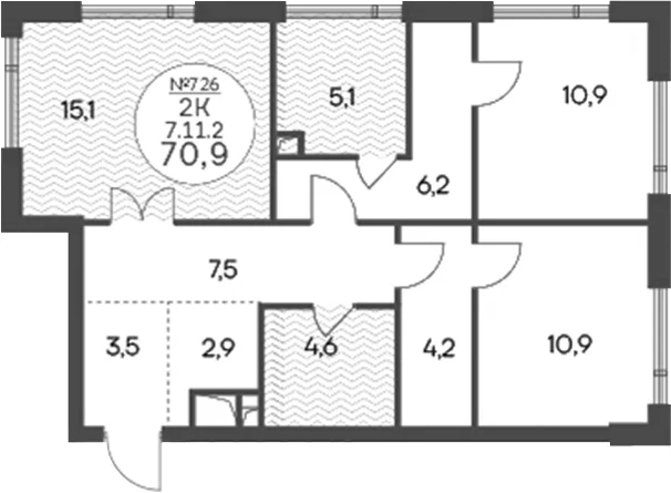 Планировка: 2-комнатная квартира 70,9 м² в ЖК «Клубный квартал КРЫЛАТСКАЯ 33»