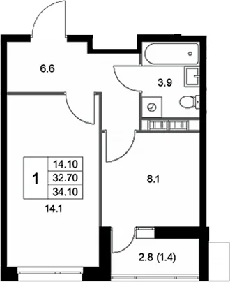 Планировка: 1-комнатная квартира 32,7 м² в ЖК «Легенда Коренево»