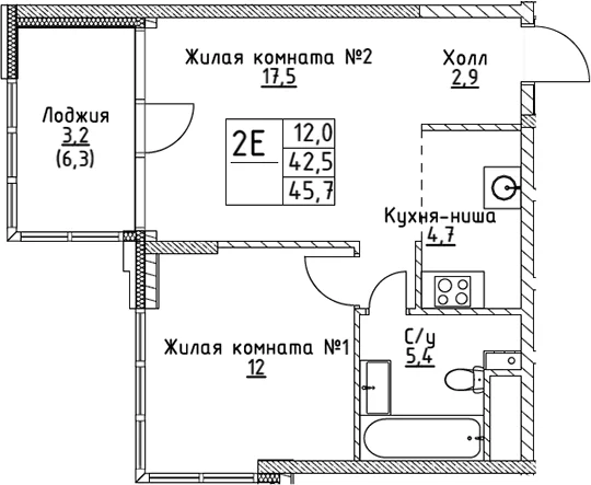 Планировка: Евродвушка 42,5 м² в ЖК «ВЭРИ на Миклухо-Маклая»