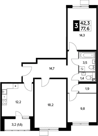 Планировка: 3-комнатная квартира 77,1 м² в ЖК «Южная Битца»