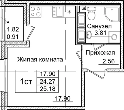 Планировка: Студия 24,3 м² в ЖК «Квартал Заречье»