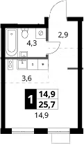 Планировка: Студия 25,7 м² в ЖК «1-й Ясеневский»