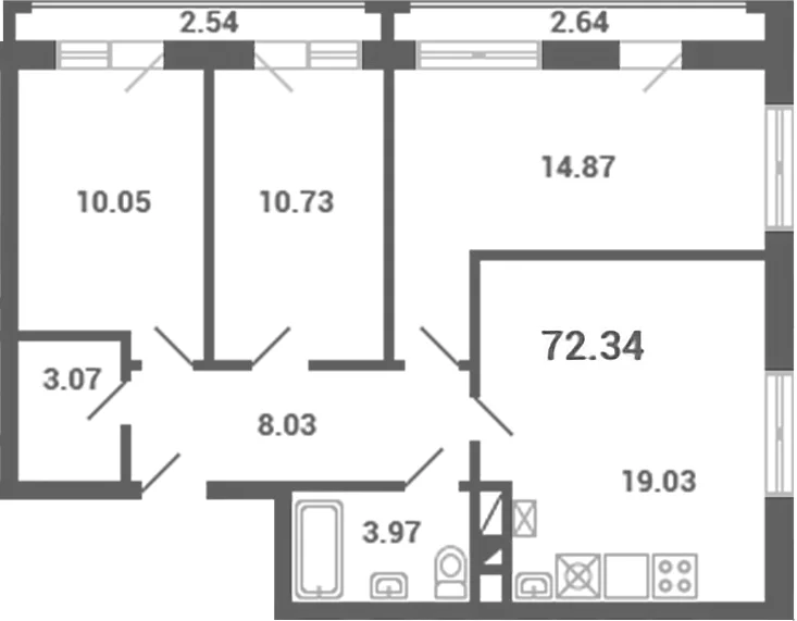 Планировка: 3-комнатная квартира 69,8 м² в ЖК «Южная Долина»