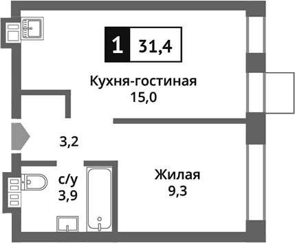 Планировка: Евродвушка 31,4 м² в ЖК «Никольский квартал Отрада»