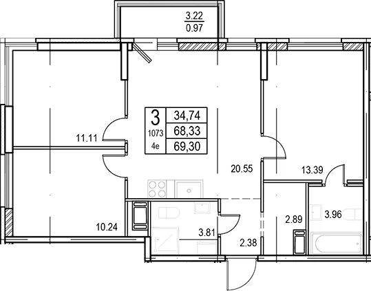 Планировка: Квартира евро-4 68,3 м² в ЖК «ID Murino III»