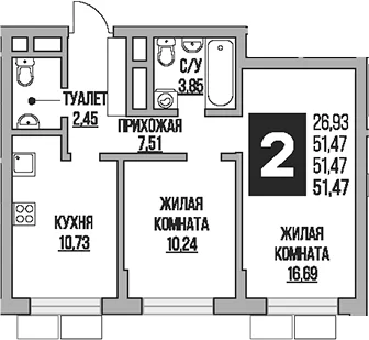 Планировка: 2-комнатная квартира 51,5 м² в ЖК «Гранель Живописный»