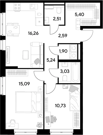 Планировка: Евротрёшка 62,8 м² в ЖК «Космопарк»