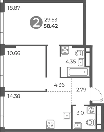 Планировка: 2-комнатная квартира 58,4 м² в ЖК «Нижегородская от Гранель»