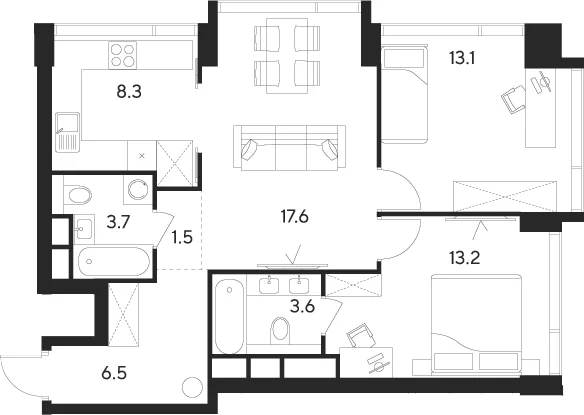 Планировка: 2-комнатная квартира 67,5 м² в ЖК «Инди Тауэрз от Аквилон»
