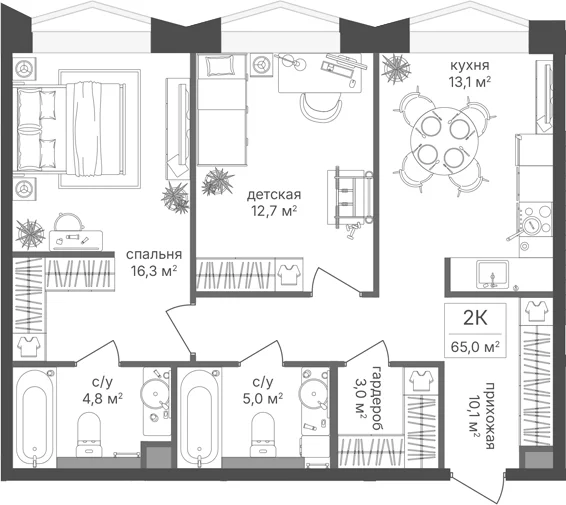 Планировка: 2-комнатная квартира 65 м² в ЖК «Петровский Парк II»