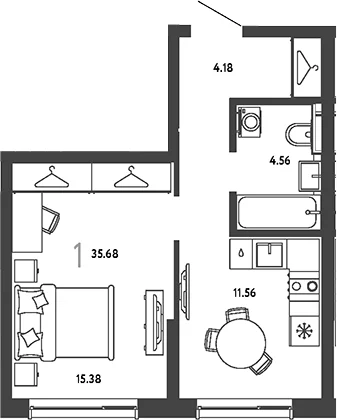 Планировка: 1-комнатная квартира 35,7 м² в ЖК «Страна.Парковая»