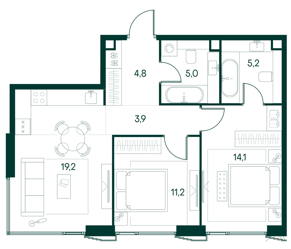 Планировка: Евротрёшка 63,4 м² в ЖК «Клубный город на реке Примавера»