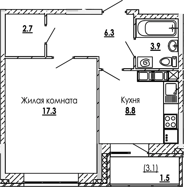 Планировка: 1-комнатная квартира 39 м² в ЖК «Малиново»