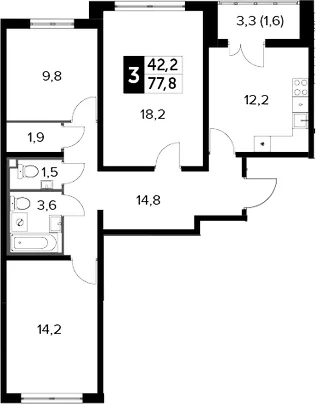Планировка: 3-комнатная квартира 76,2 м² в ЖК «Южная Битца»