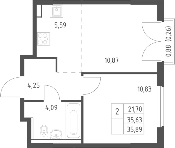 Планировка: Евродвушка 35,6 м² в ЖК «Егорово парк»