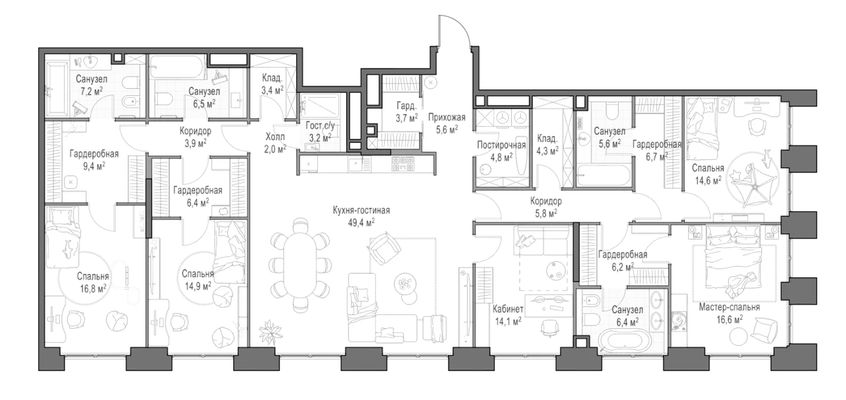 Планировка: 5-комнатная квартира 219,4 м² в ЖК «Квартал Life Time»