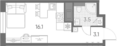 Планировка: Студия 22,7 м² в ЖК «Большая Охта»
