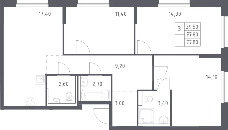 Планировка: Квартира евро-4 77,8 м² в ЖК «Химки Парк»