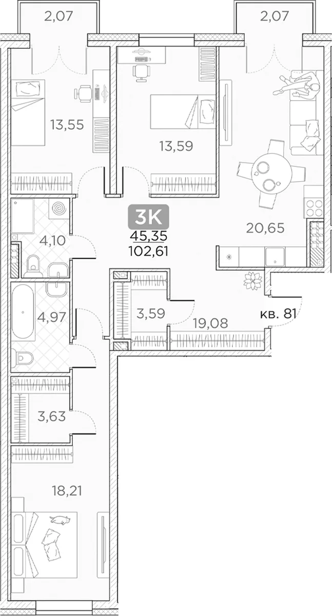 Планировка: Квартира евро-4 101,4 м² в ЖК «Гильдия»