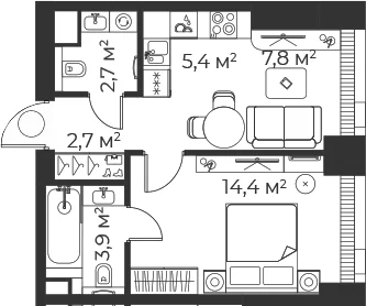 Планировка: Евродвушка 36,9 м² в ЖК «Веер»
