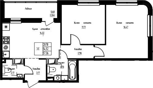 Планировка: Евротрёшка 54,5 м² в ЖК «Кронунг-Янино»