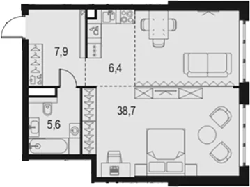 Планировка: Студия 58,6 м² в ЖК «Левел Южнопортовая»