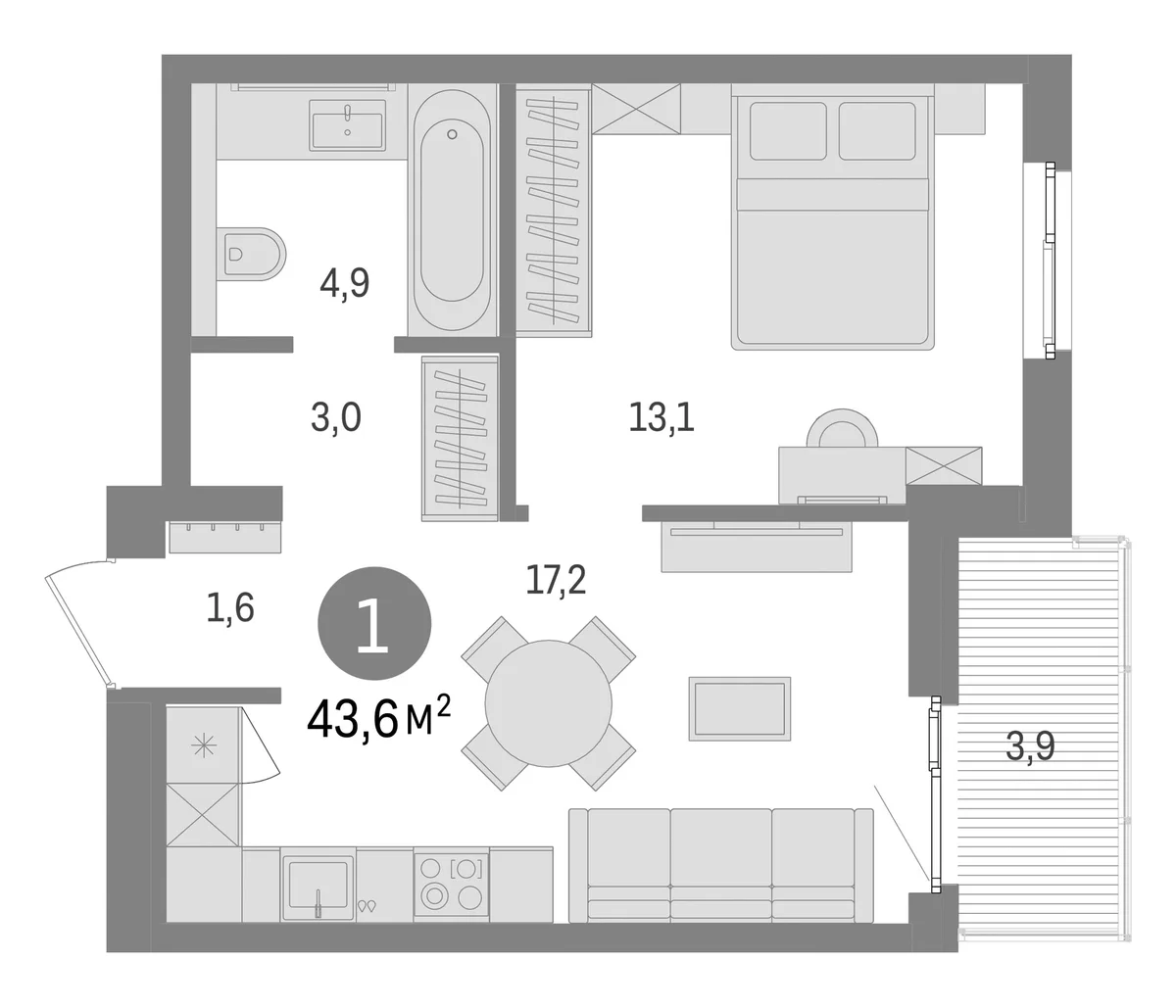 Планировка: Евродвушка 39,8 м² в ЖК «Брусника в Новоселье»