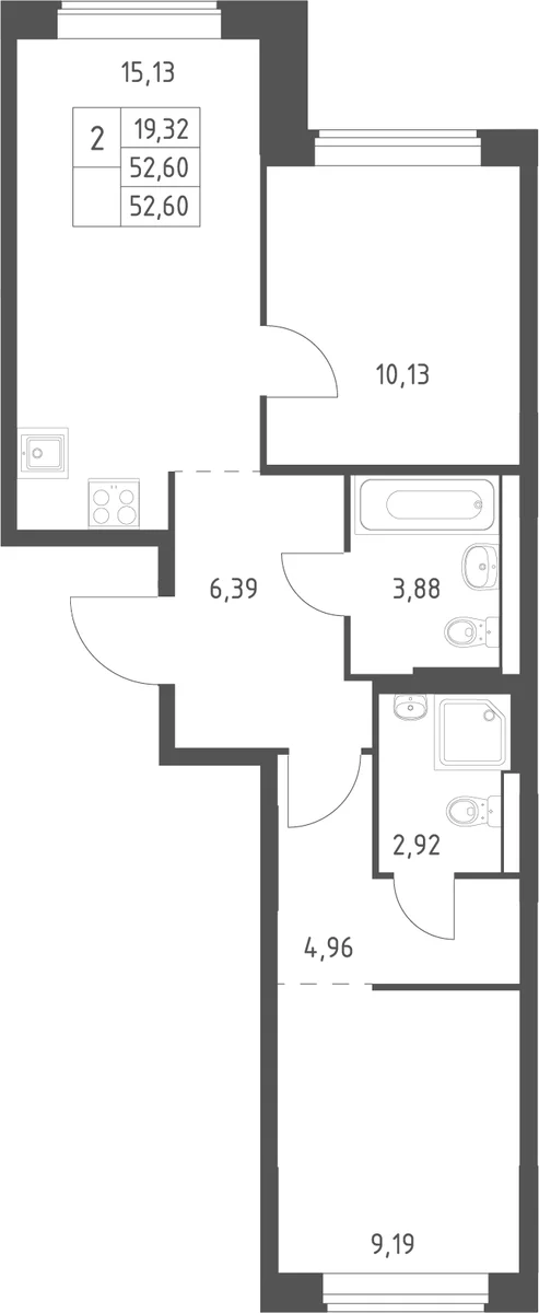 Планировка: Евротрёшка 52,6 м² в ЖК «Большое Юрлово»