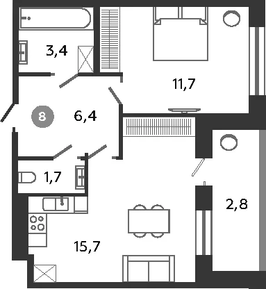 Планировка: Евродвушка 38,9 м² в ЖК «Графская слобода в Песках»
