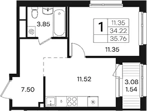Планировка: 1-комнатная квартира 34,2 м² в ЖК «Парголово»