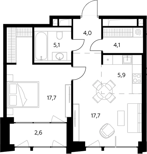 Планировка: Евродвушка 54,5 м² в ЖК «Монблан»