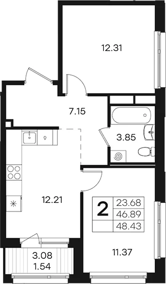 Планировка: 2-комнатная квартира 46,9 м² в ЖК «Парголово»