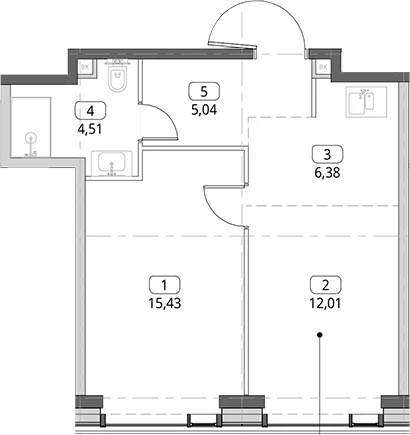 Планировка: Евродвушка 43,4 м² в ЖК «СИТИДЗЕН»