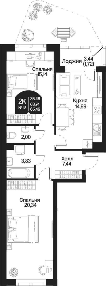 Планировка: 2-комнатная квартира 63,7 м² в ЖК «Охтинские высоты»
