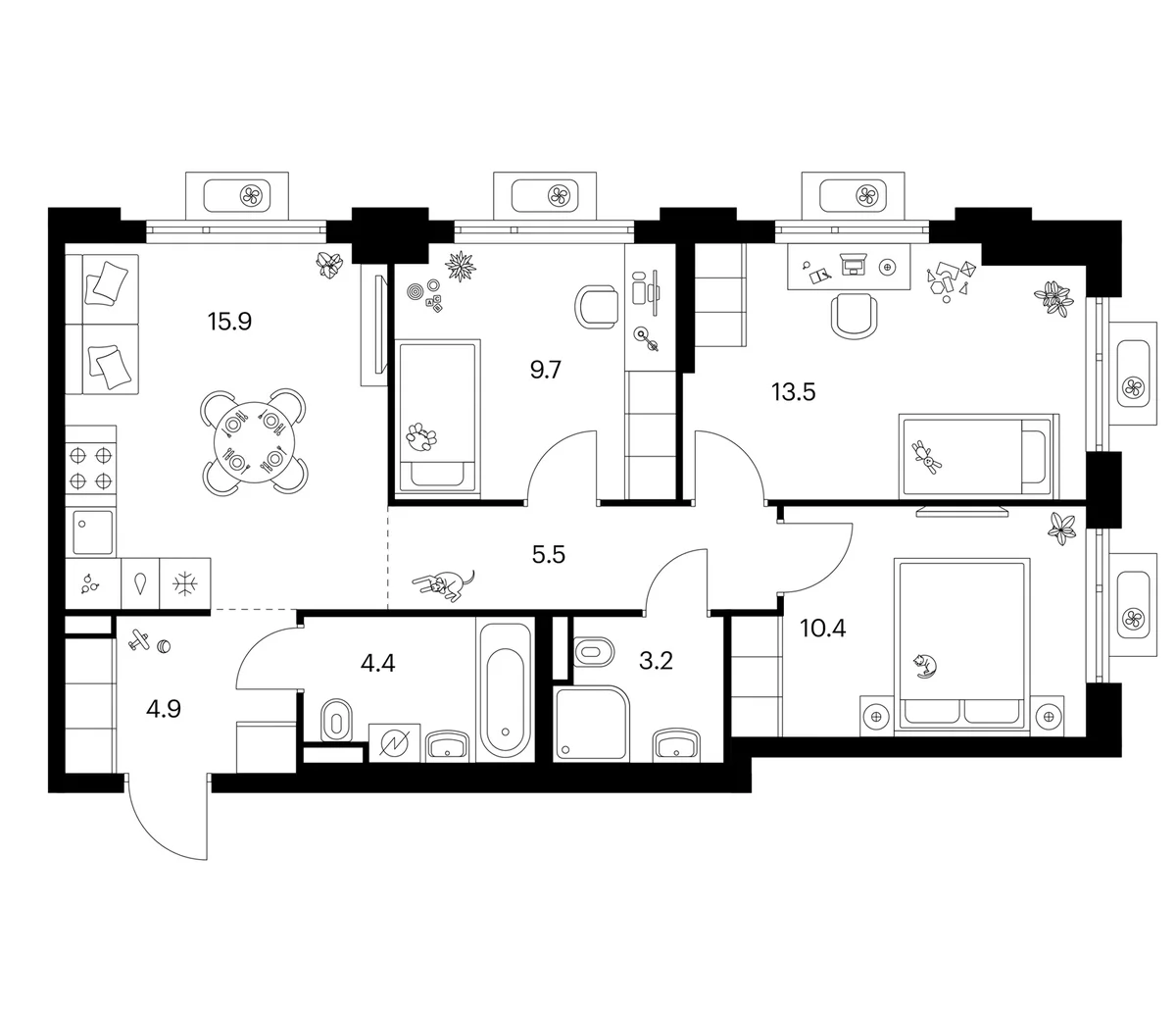 Планировка: 3-комнатная квартира 67,7 м² в ЖК «Белая Дача парк»