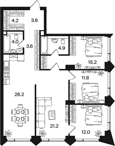 Планировка: Квартира евро-5 106,9 м² в ЖК «РАКУРС»