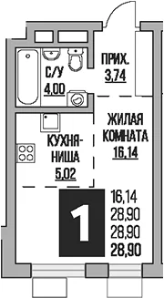 Планировка: Студия 28,9 м² в ЖК «Гранель Живописный»