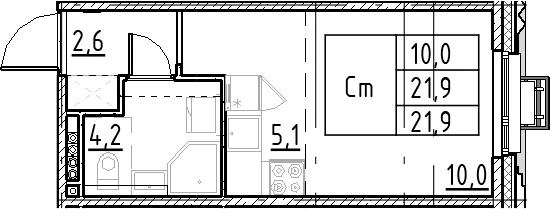 Планировка: Студия 21,9 м² в ЖК «Пулково Лейк»