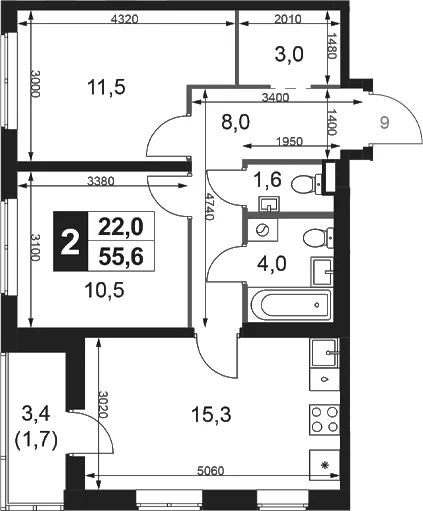 Планировка: 2-комнатная квартира 53,9 м² в ЖК «1-й Ясеневский»