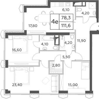 Планировка: Квартира евро-4 111,6 м² в ЖК «Will Towers»
