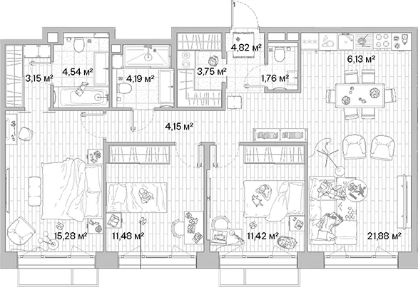 Планировка: Квартира евро-4 92,6 м² в ЖК «МЫС»