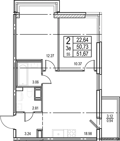 Планировка: Евротрёшка 50,7 м² в ЖК «ID Murino III»