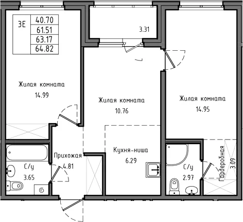 Планировка: Евротрёшка 61,5 м² в ЖК «Тишин»