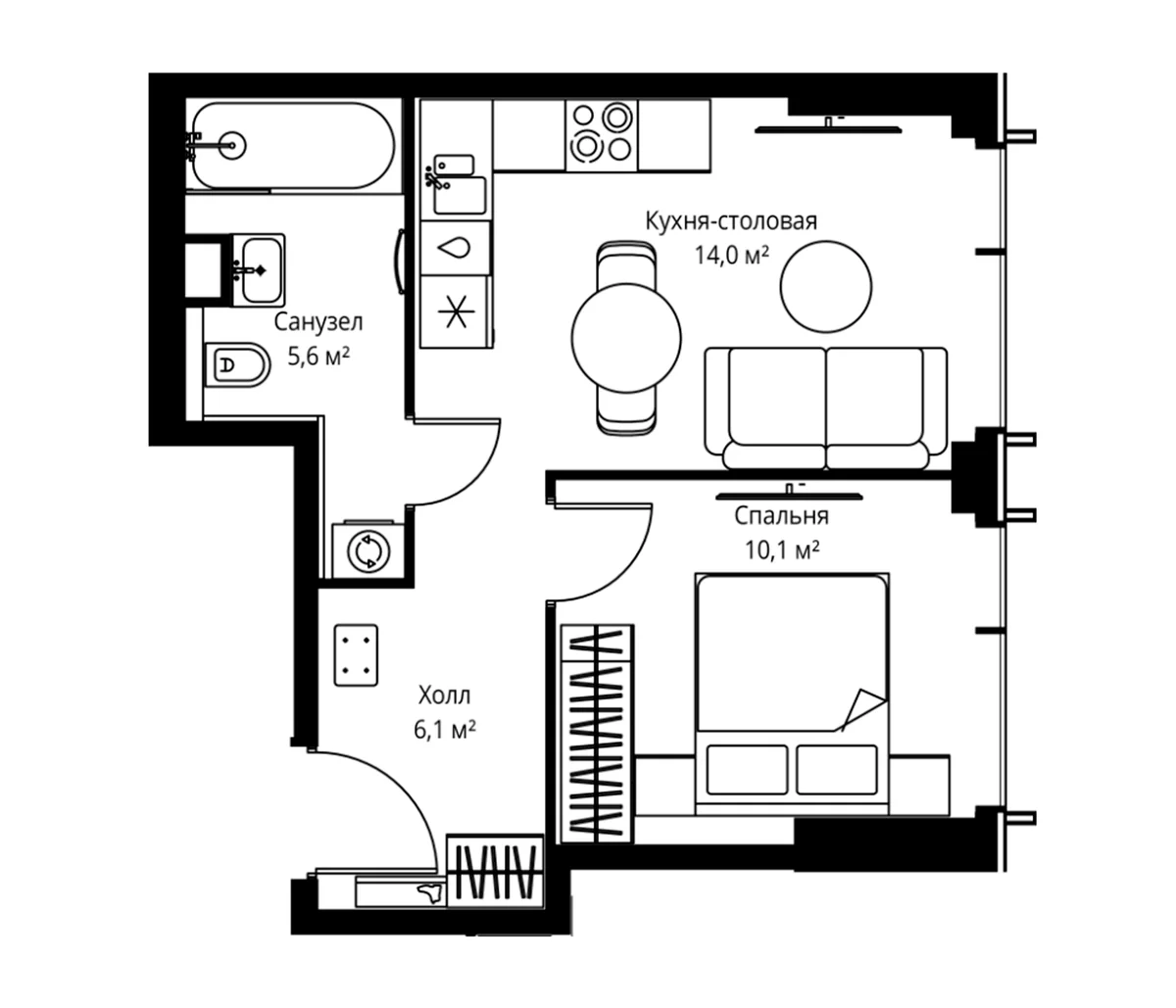 Планировка: Евродвушка 35,8 м² в ЖК «Веер»