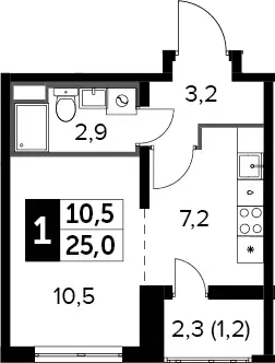 Планировка: 1-комнатная квартира 23,8 м² в ЖК «Южная Битца»