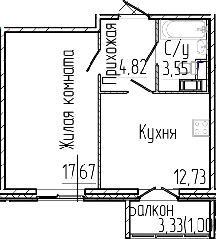Планировка: 1-комнатная квартира 38,8 м² в ЖК «Сертолово Парк»