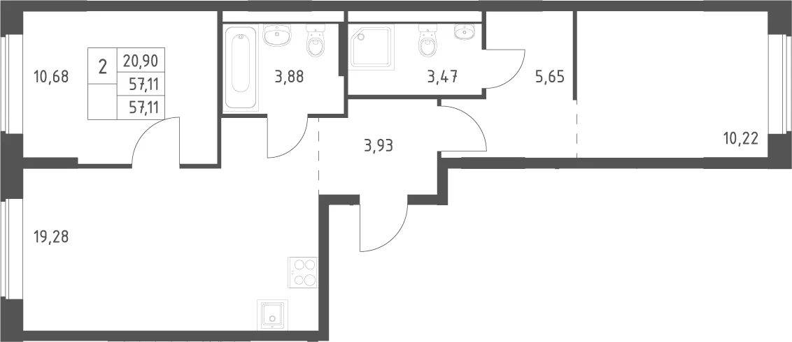 Планировка: Евротрёшка 57,1 м² в ЖК «Большое Юрлово»